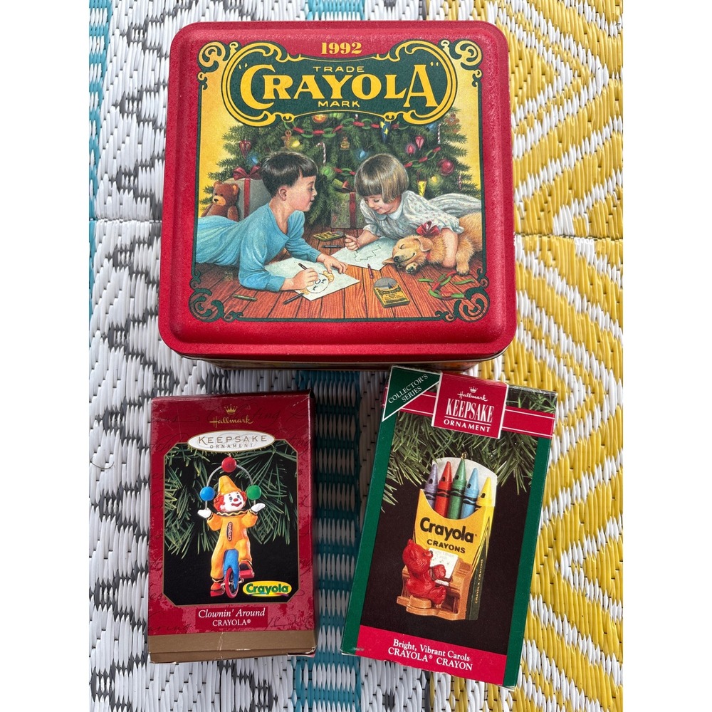 Vintage Crayola 1992 Holiday Tin & Hallmark Keepsake Ornaments 1989 1991 Clown